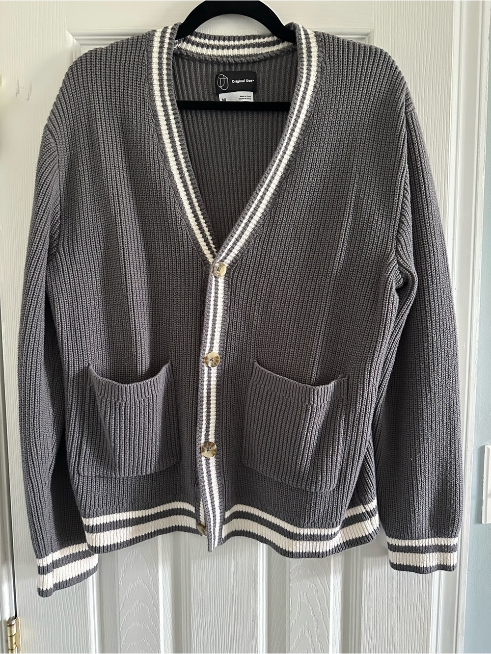 Original Use Gray Knit Cardigan with White Neck Stripe